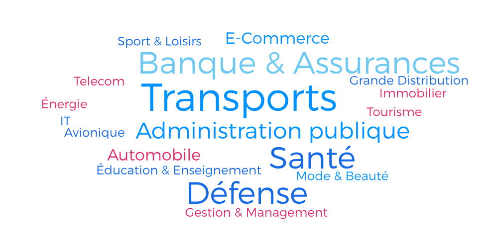 Nous avons conçu l'UX d'applications métiers dans des domaines tels que : Administration publique, Avionique, Automobile, Banque & Assurance, Défense, E-commerce, Éducation & Enseignement, Énergie, Gestion & Management, Grande Distribution, Immobilier, IT, Mode & Beauté, Telecom, Santé, Sport & Loisirs, Tourisme, Transports