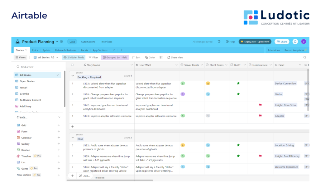 Airtable permet également de stocker ces données utilisateurs sous différents affichages.