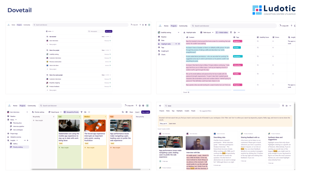 Dovetail, un outil d'UX Research Repository, propose différentes manières d'afficher les données, de nombreuses fonctionnalités complémentaires, et une recherche pertinente des données.