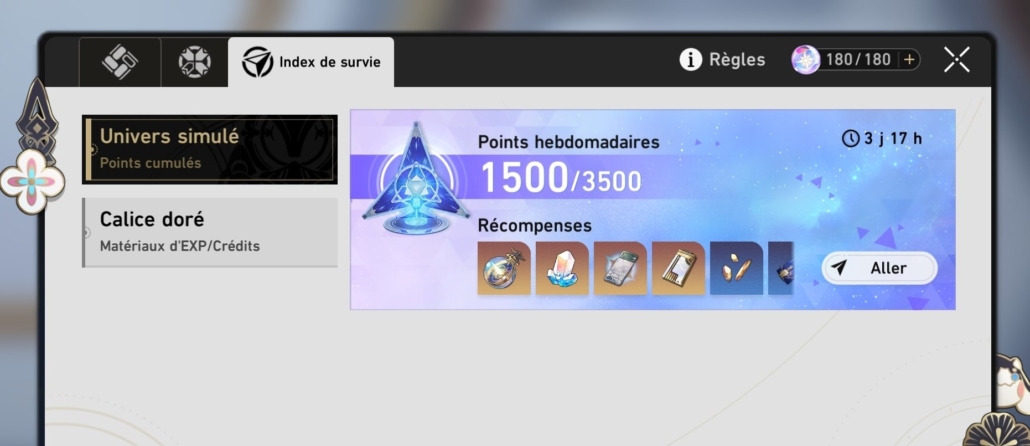 Page des mission sur le jeu Honkai : star rail, où l'on voit un contenus avec des récompenses ainsi qu'un temps restant pour les obtenir