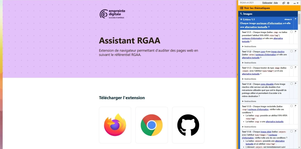 L'extension RGAA présente un panneau sur la droite de l'écran, avec le site visible sur sa gauche. Un certain nombre de critères apparait et ils permettent d'évaluer soi-même si les critères sont respectés ou non.