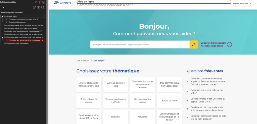 L'extension Headings-map pour évaluer l'accessibilité apparait sur la gauche du site et permet de voir la structure des titres et sections de la page.