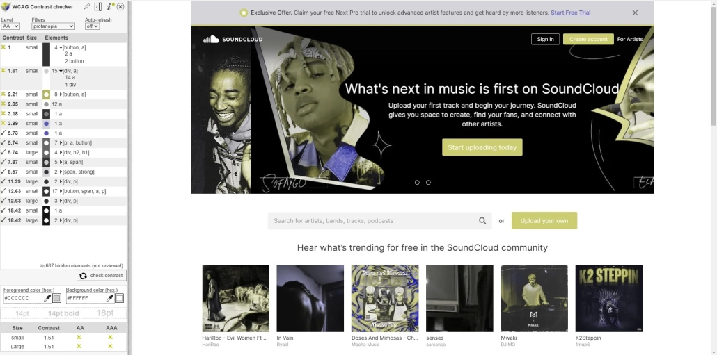 L'extension WCAG Color Contrast Checker permet de voir si les couleurs ont un contraste suffisant et d'afficher la page selon un type de handicap visuel (ici protanopia).