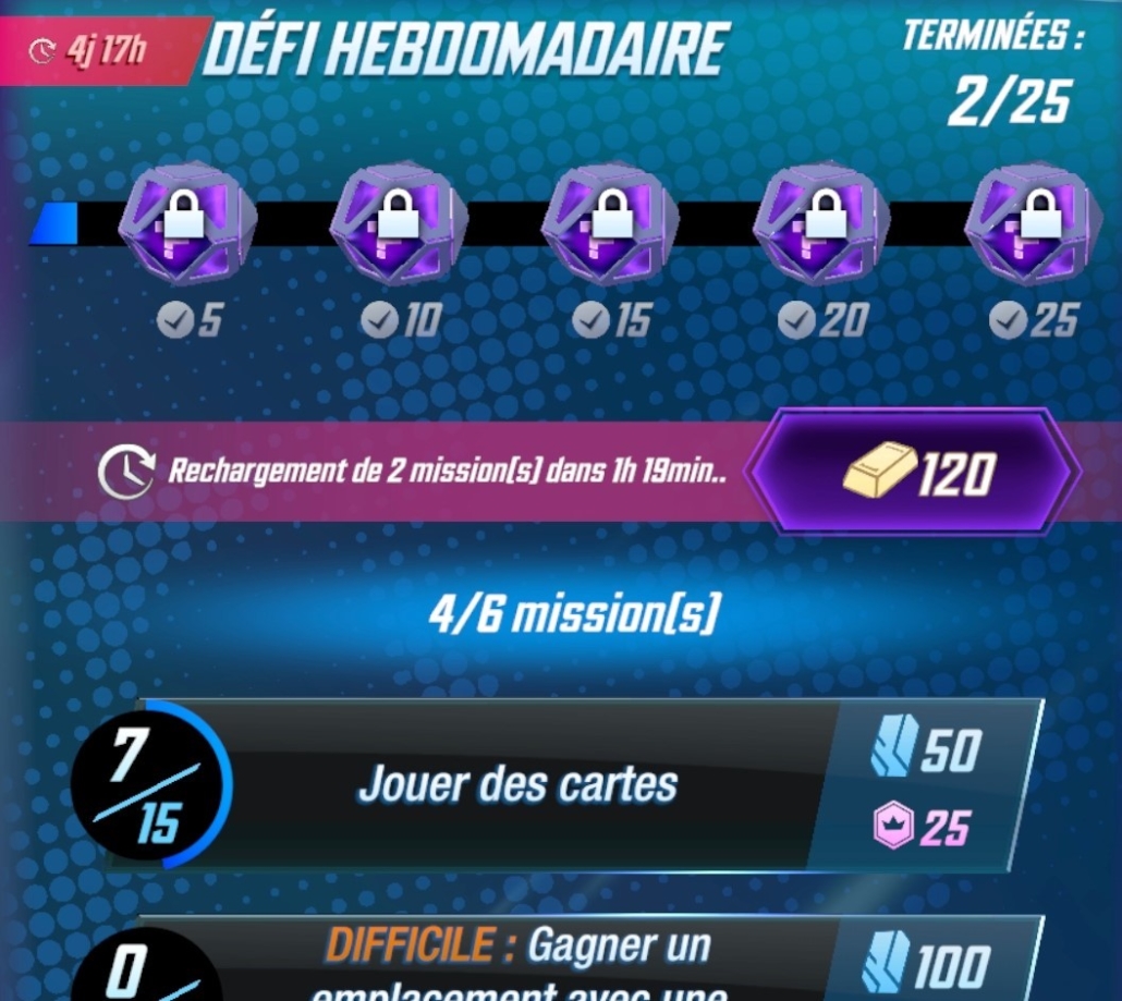 Ecran de mission de Marvel : Snaps, où l'on voit les récompenses hebdomadaire, ainsi que les mission avec une réinitialisation temporelle ou payante