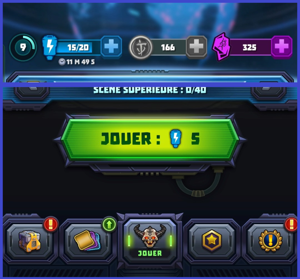 Ecran d'accueil du jeu Mighty Doom, où l'on voit respectivement sur le haut et le bas de l'écran, la barre d'énergies et le cout en énergies d'une partie 