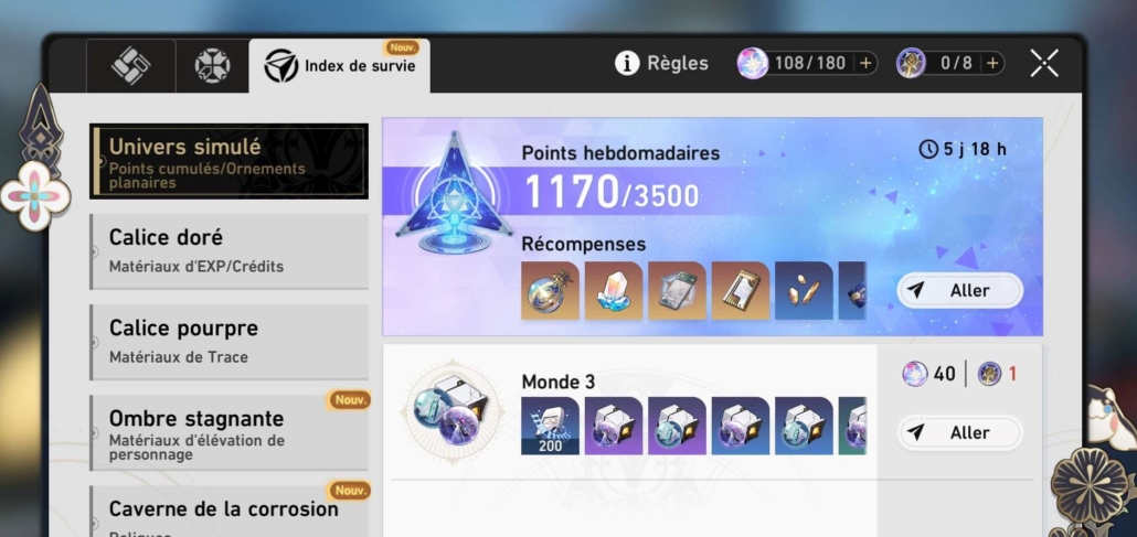 Page des mission sur le jeu Honkai : star rail, à un stade plus avancée que la précédant, avec plus de contenus débloqués